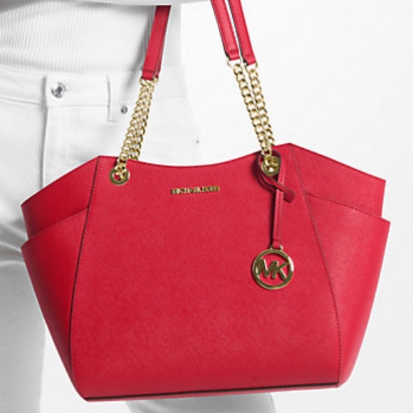 Michael Kors Jet Set Large Saffiano Leather Shoulder Bag Bright Red - Picture 1 of 5